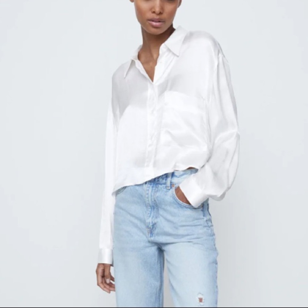 Zara Satin Button Down Shirt White Medium